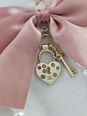 Chanel Gold Heart Lock & Key Charm Added  Pearl & Pink Ribbon Bag Charm HANDMADE